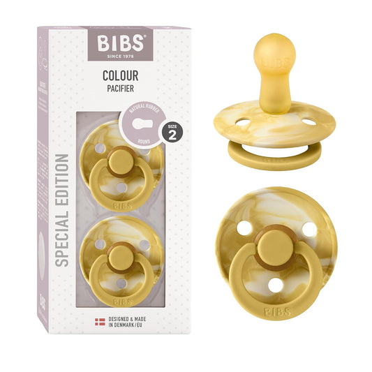 BIBS Pacifiers Colour Collection | Natural Rubber Baby Pacifier | Set of 2 BPA-Free Soothers | Made in Denmark | 6+ Months (Pack of 2) | Mustard/Ivory Tie Dye
