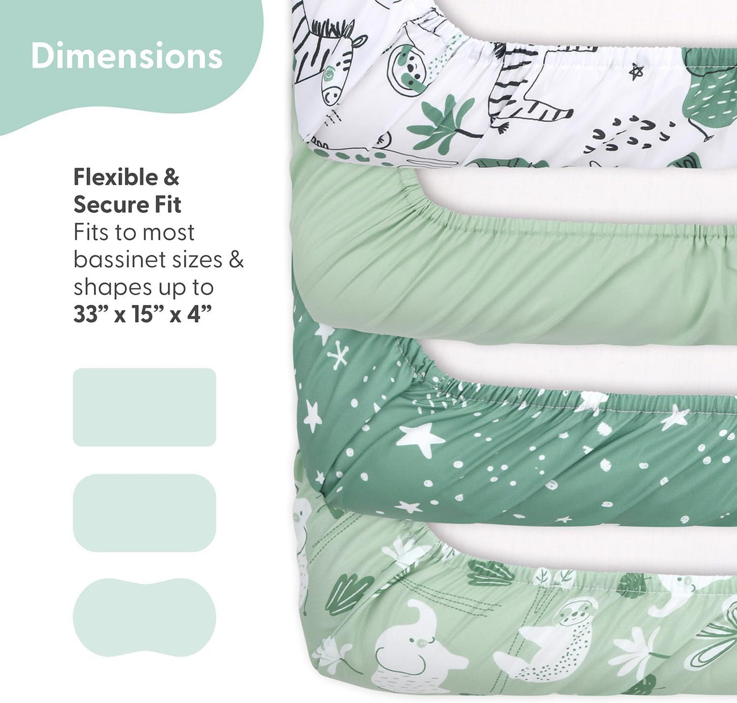 The Peanutshell Baby Bassinet Sheets 4-Pack for Boy - Soft, Oval & Fitted Baby Boys Sheet, Rectangle, Fitted Covers for Crib, Halo Bassinet Mattress - Green Dino