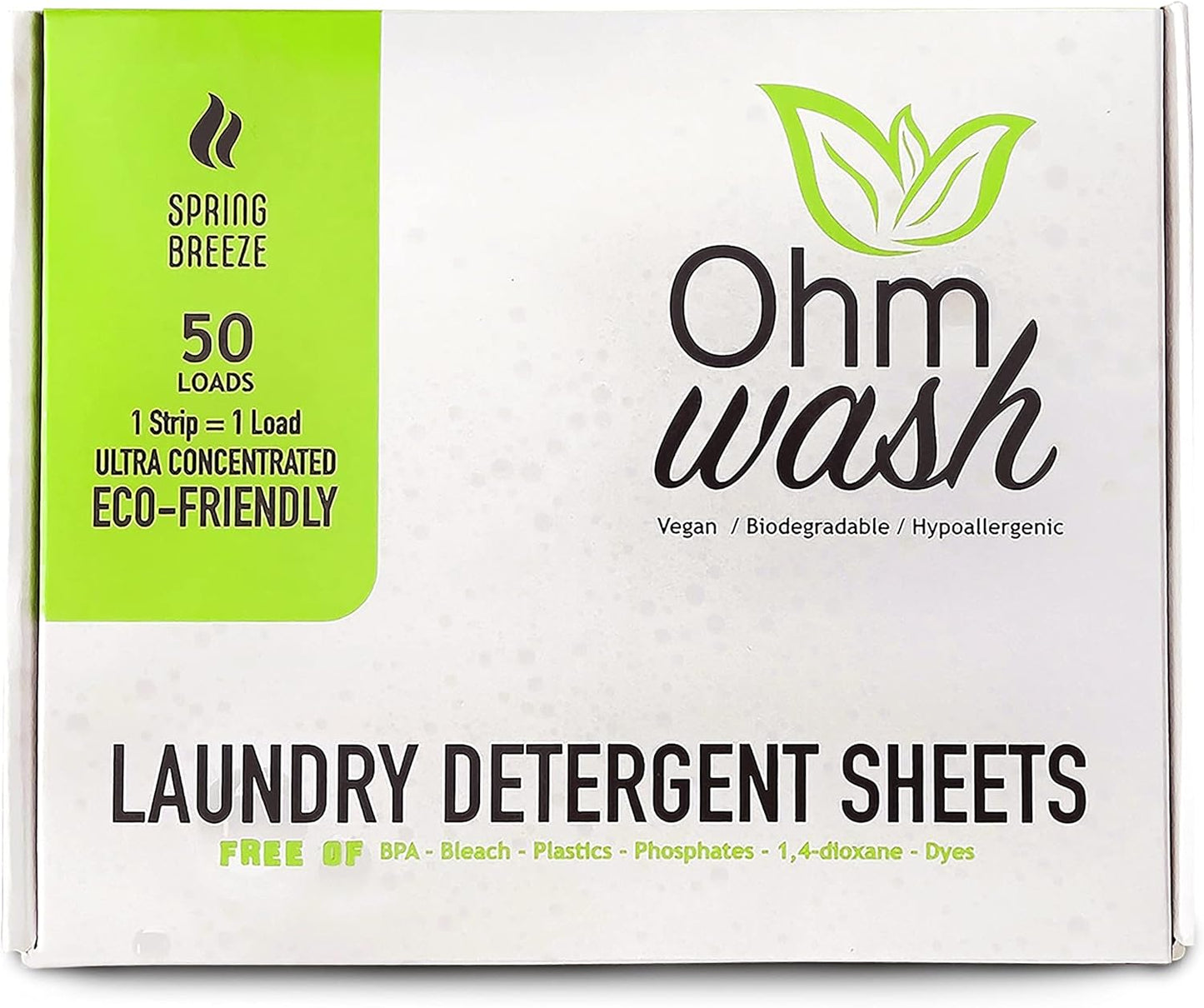 Ohm Earth’s Wash Laundry Detergent Sheets Hypoallergenic & Dye-Free Liquidless Detergent, Fast Dissolving Concentrated Strips Ideal for Sensitive Skin, 50 count (up to 100 Loads) Spring Breeze