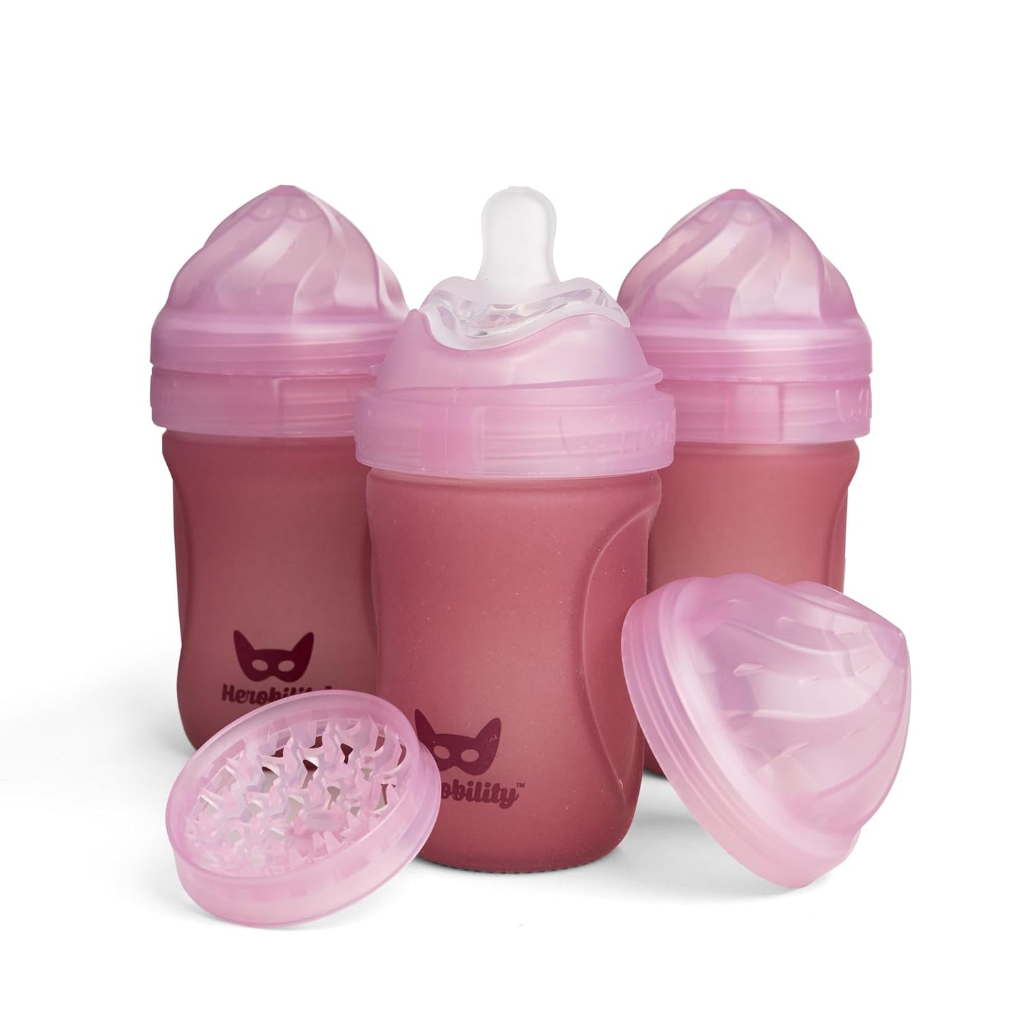 Herobility Glass Baby Bottle - 7 fl oz/220 ml - 3 Pack | Heat Sensing Color-Changing Bottle with Double Anti-Colic Nipple - Silicone Coating - Breastlike Nipples for Newborn Babies - Rose Color