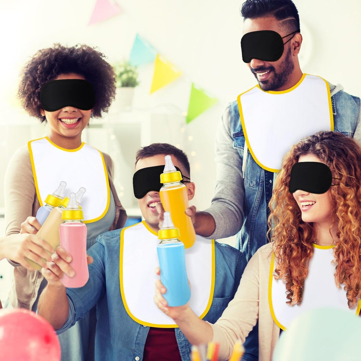 Leinuosen 24 Pcs Baby Shower Blindfold Feeding Game Set Include 6 Plastic Chug Bottles 6 Bib and 12 Eye Mask Blindfold Baby Feeding Bottle Chug Game for Adult Gender Reveal Party Supplies(Yellow)