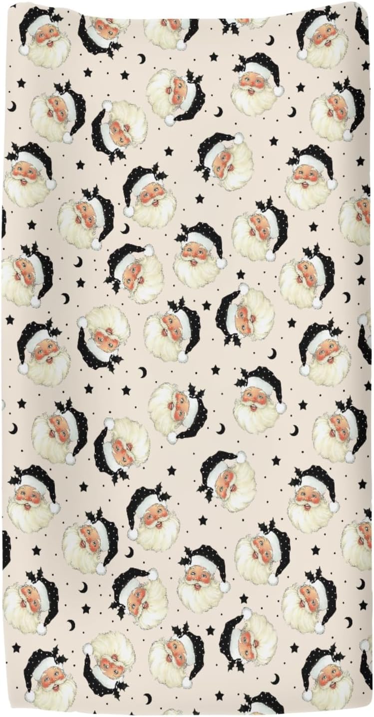 Vintage Christmas Santa Claus Baby Changing Pad Covers for Boy Girl Retro Santa Fir Leaves Moon Stars Fitted Changing Table Mats Winter Holiday Festive Soft Diaper Change Table Cover Sheets 32''×16''