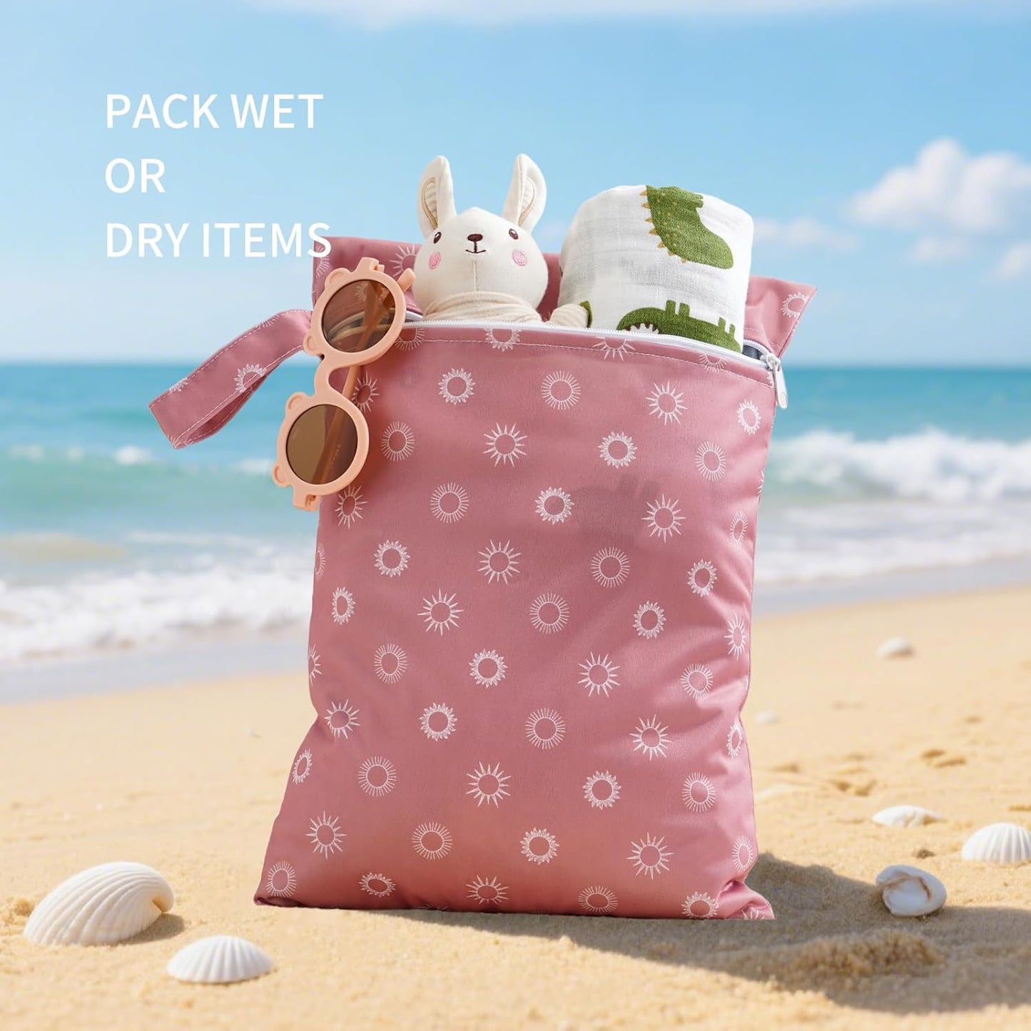 2Pcs Baby Wet Dry Bags for Cloth Diaper,Waterproof Reusable Travel Bags, Beach, Pool, Gym Bag for Swimsuits, Beach Vacation Essentials (White Flower Sun)