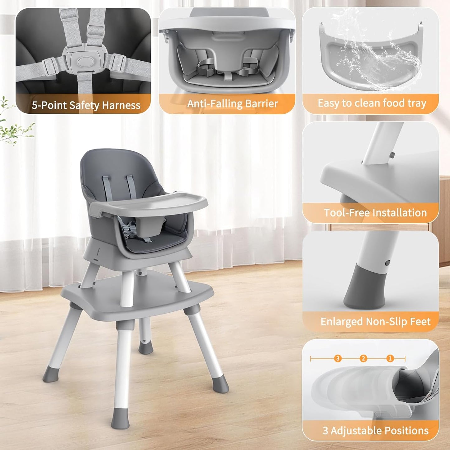 7 in 1 High Chair, Convertible High Chairs for Babies and Toddlers, Infant Dining Booster Seat, Table and Seat Set, Removable Tray, Gray