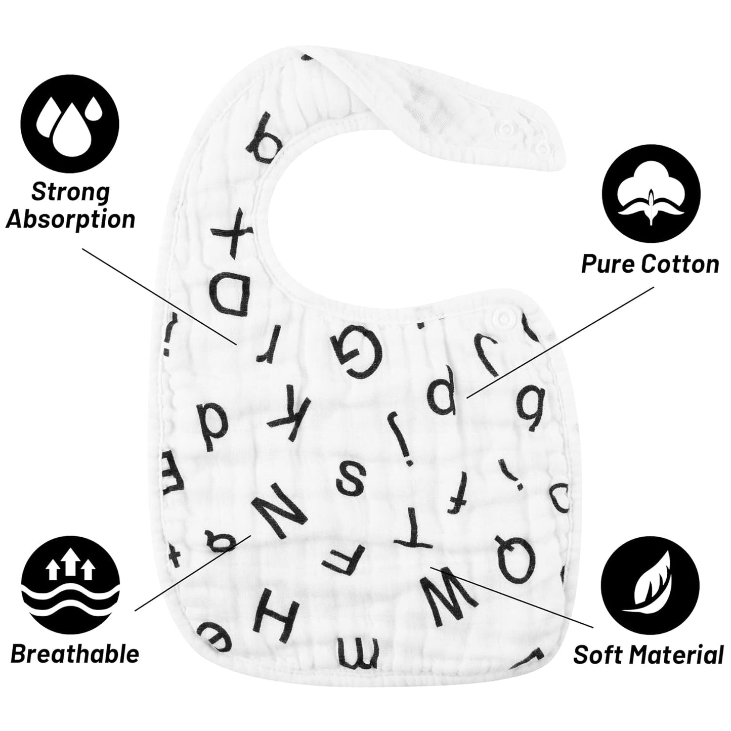 Zainpe 6Pcs Snap Muslin Cotton Bibs for Baby Love Heart Milk Letter Pattern Bib with 6 Absorbent Soft Layers, Machine Washable Burp Cloths for Infants Newborns Toddlers Drooling Feeding and Teething