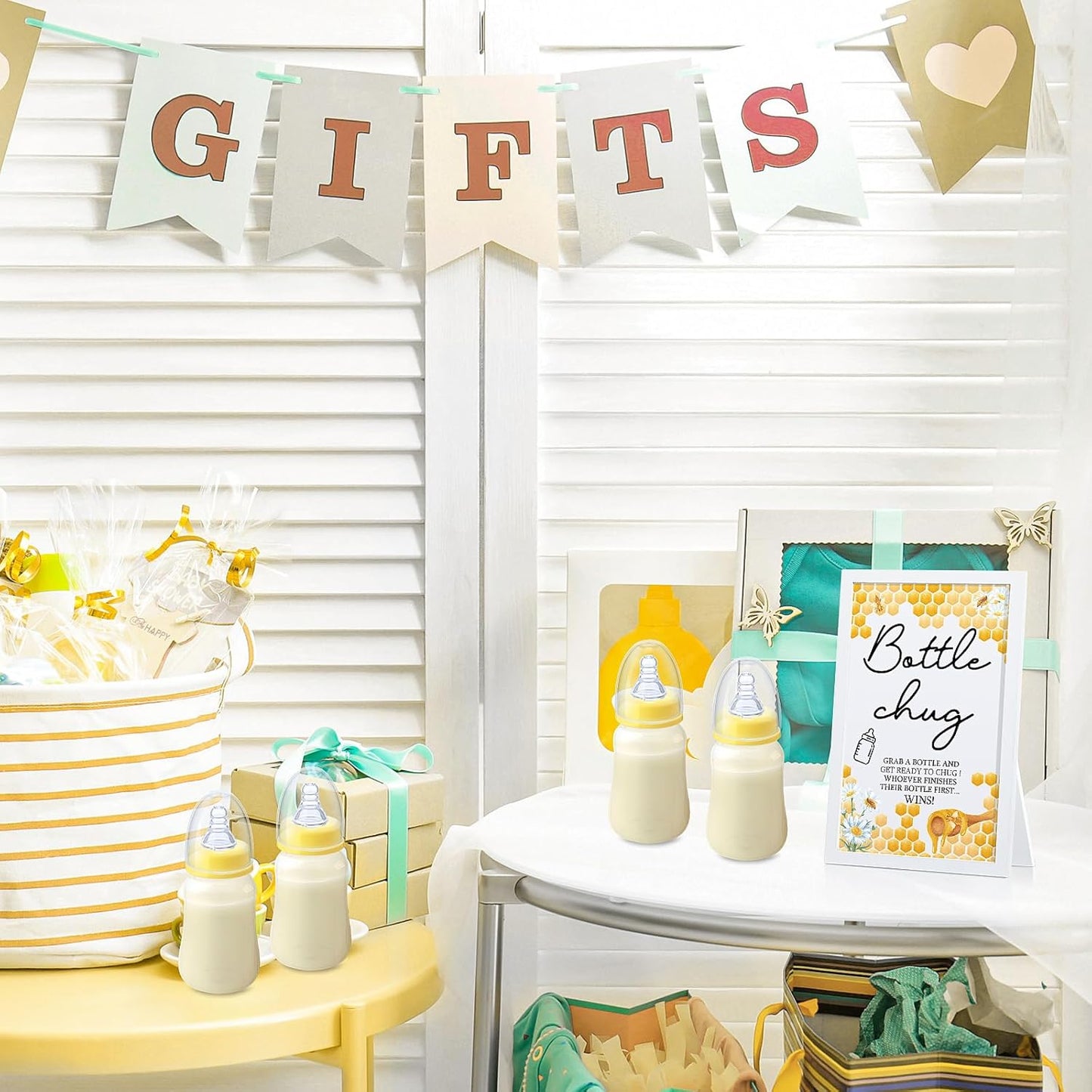 Roowest Bottle Chug Baby Shower Game Favors Including Bee Theme Wooden Sign and 18 Pcs Baby Bottles for Gender Reveal Party Supplies