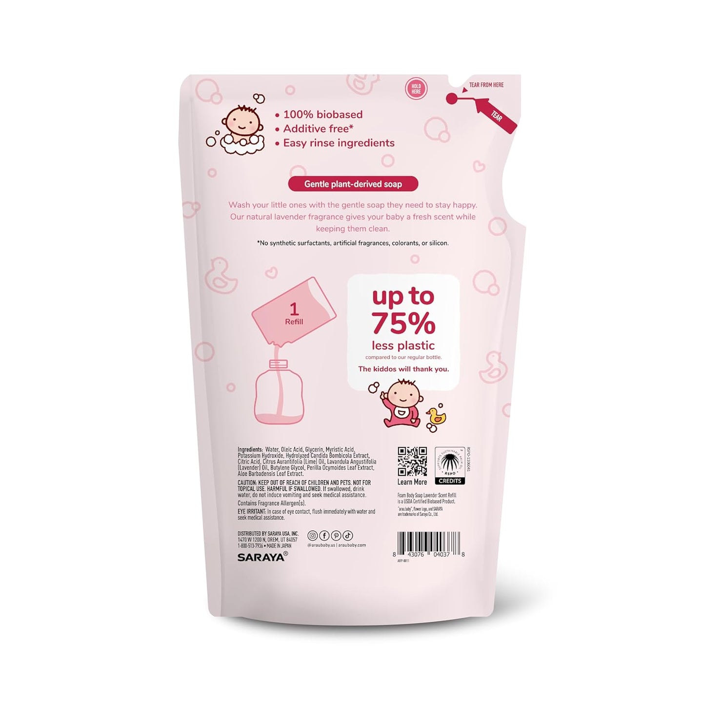 Arau Baby Foam Body Soap Refill, Lavendar Scent, Natural Plant Based Foaming Body Wash for Babies, Infants and Toddlers, Gentle on Sensitive Skin, No Artificial Fragrance or Additives, 15.21 Fl Oz