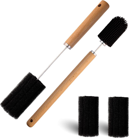 Baby Bottle Cleaner Brush Set Long Handle Silicone and Sponge Cleaning Brush for Beer Bottles, Cups, Wine Glasses, Coffee Mugs, Tumblers, Thermos,Replaceble Brush Head (4-Pack)