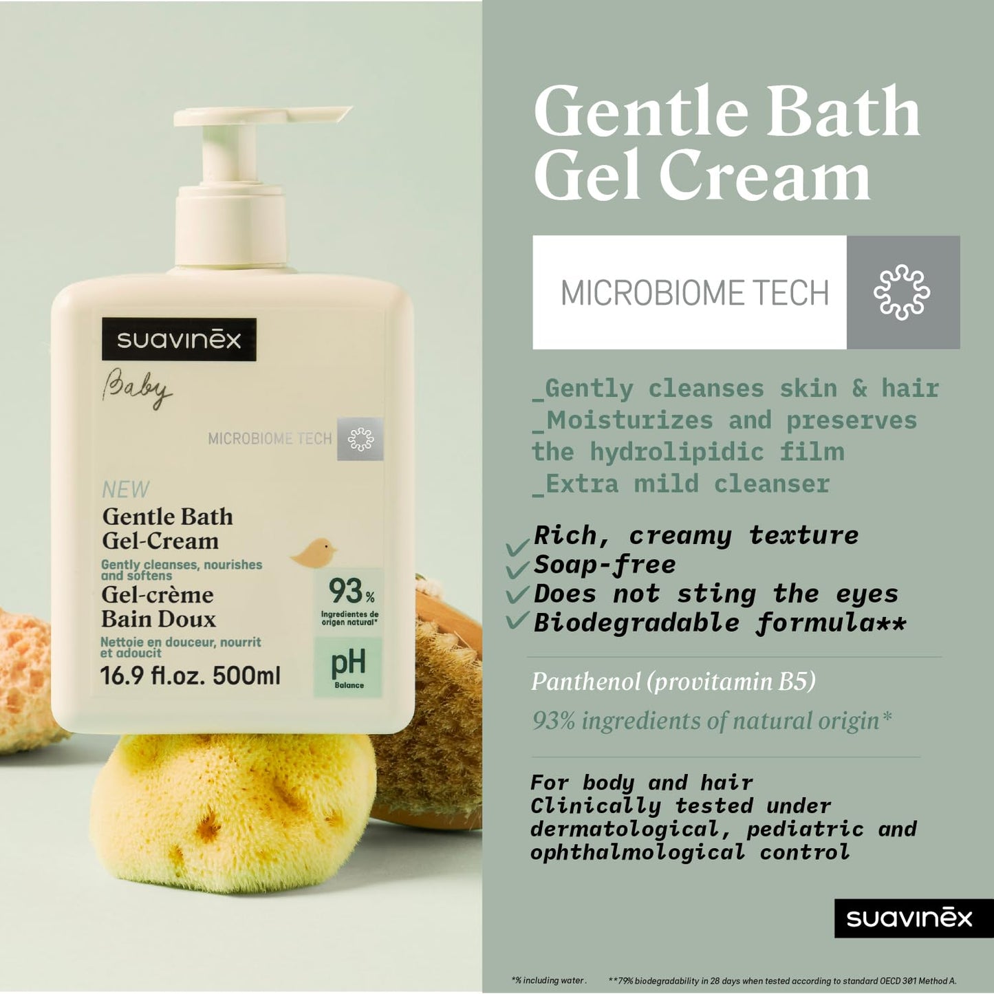 Suavinex Gentle Bath Gel Cream, Baby Shower Gel and Shampoo, Soap Free Baby Wash, Tear Free Suitable for Sensitive Skin and Newborns, 93% Natural Ingredients with Prebiotic, 16.9 fl oz.