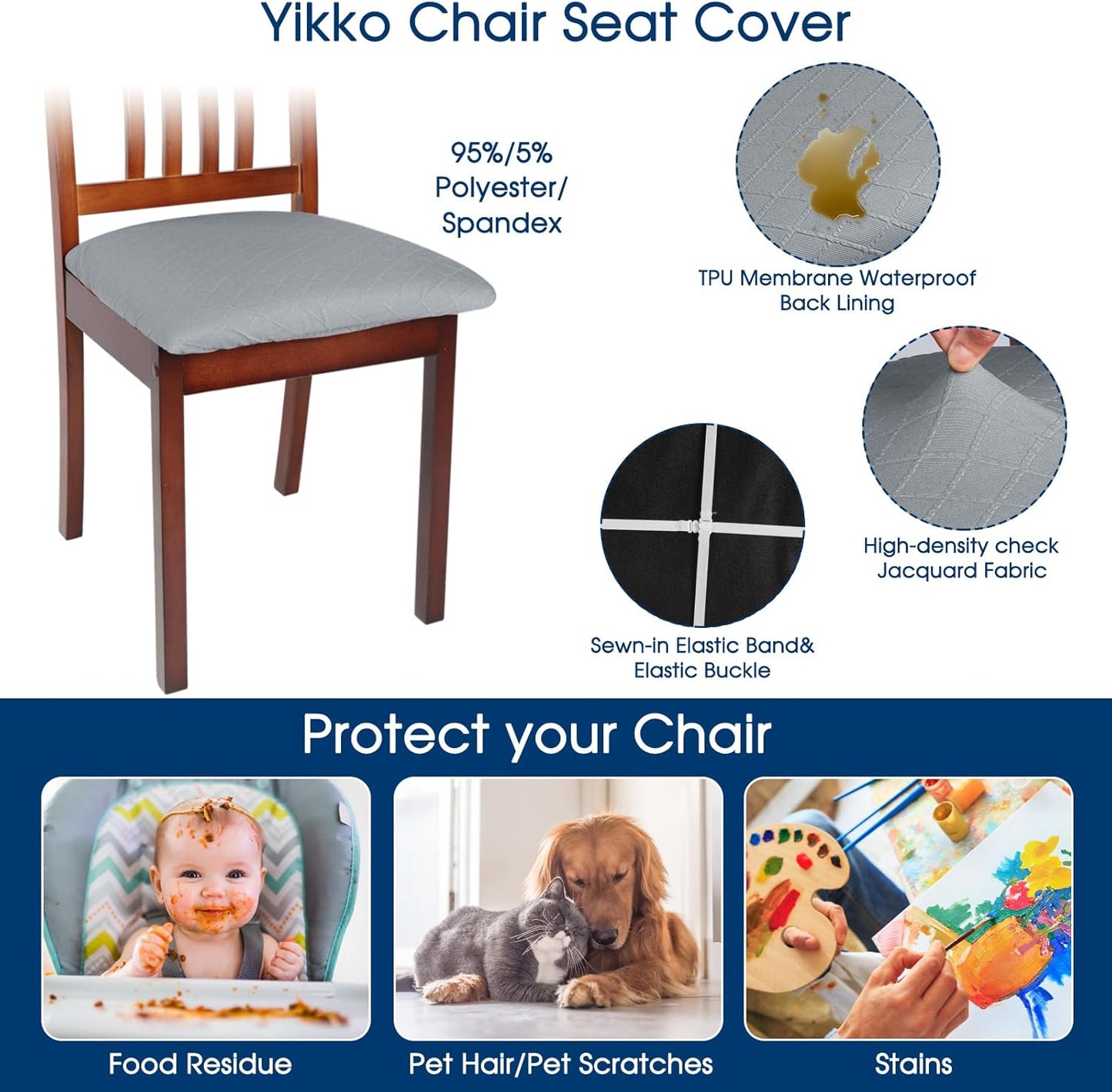 Yikko Chair Seat Covers, High-Density Check Jacquard Ekedalen Seat Covers for Dining Kitchen Restaurant Banquet, Stretch Removable Washable Chair Seat Cushion Protector (4, Silver Gray)