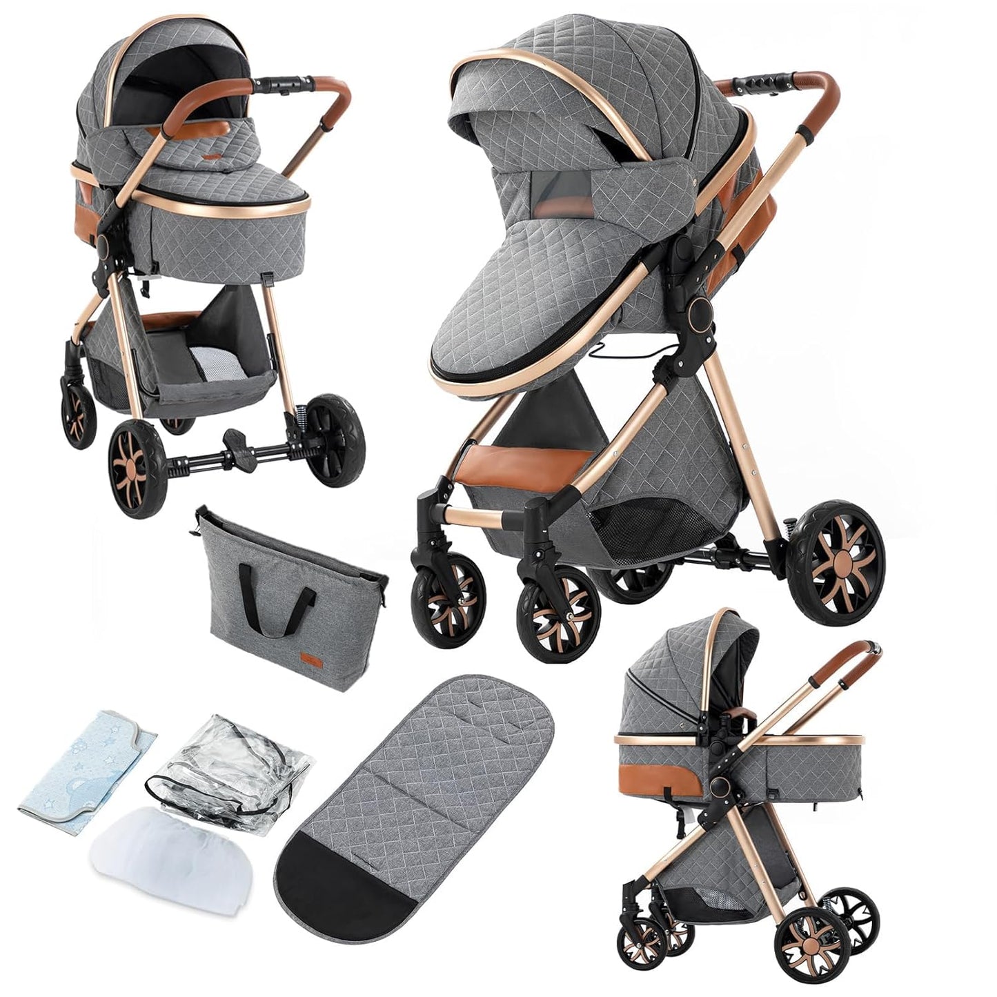 2 in 1 Baby Stroller, Convertible Pram, Reversible Standard Stroller, Portable Baby Buggy, Infant Carriage, Foldable High Landscape Pushchair for Toddler Newborn (225 Grey)