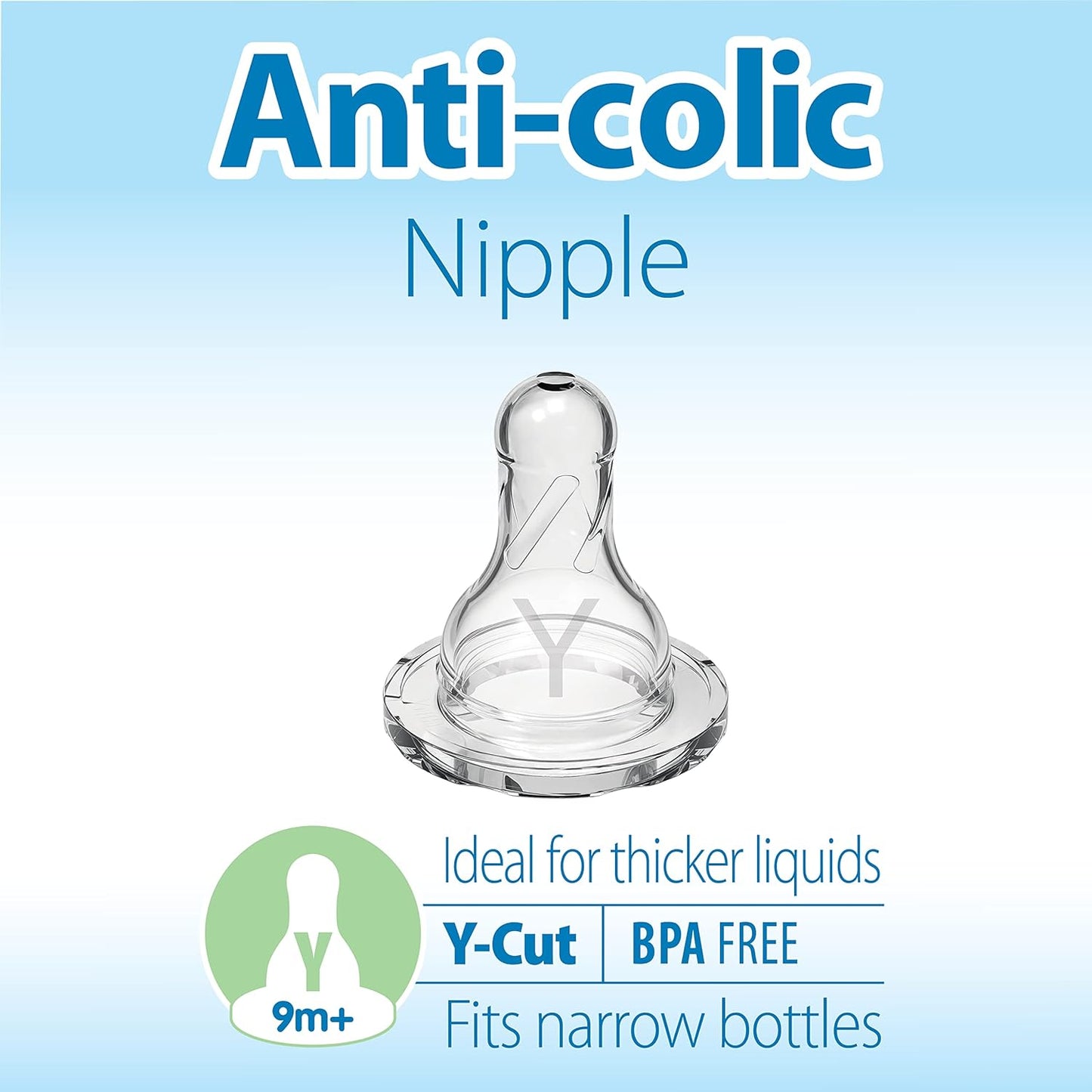 Dr. Brown's Natural Flow Y-Cut Narrow Baby Bottle Silicone Nipple, Ideal for Thicker Liquids, 9m+, 100% Silicone Bottle Nipple, 6 Count