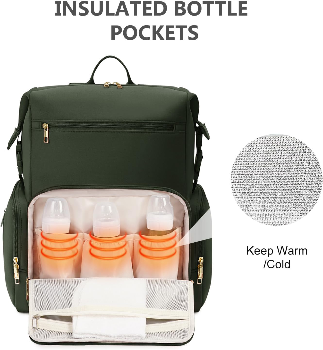 CEI-CEI Neoprene Diaper Bag Backpack with Insulated Pockets, Large Newborn Baby Maternity Bags Travel Tote with Changing Pad (Army Green)