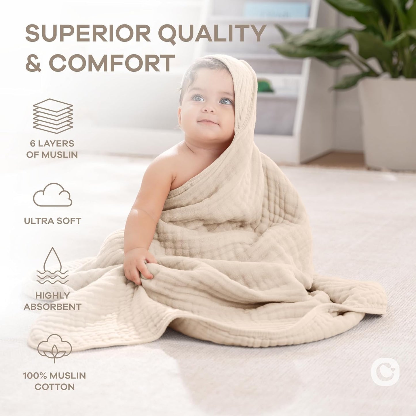 Comfy Cubs Hooded Baby Towel 2-Pack, Large 32 x 32 Inch - 6 Layer 100% Muslin Cotton for Babies, Toddlers and Kids - Soft & Absorbent Baby Bath Towels - Unisex Design for Bath Time - Sand