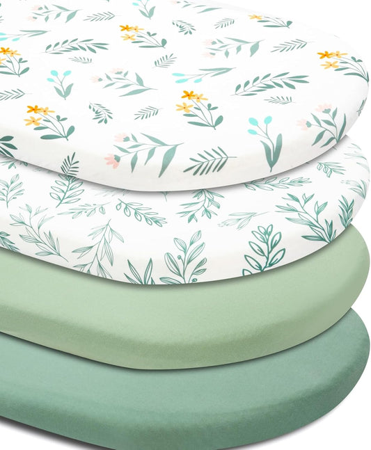 4 Pack Sage Green Fitted Nursery Sheets Breathable Neutral Unisex Baby Sheets for Boys or Girls with Leaf and Flower Design (Bassinet)