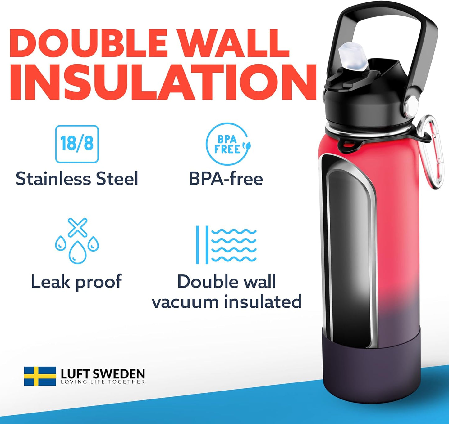 LUFT SWEDEN 32 oz Red & Purple Insulated Water Bottle with Straw Lid – Leakproof Stainless Steel, Dishwasher Safe – Double Wall Gym Thermos for Cold Drinks – Reusable, Sweatproof & BPA-Free
