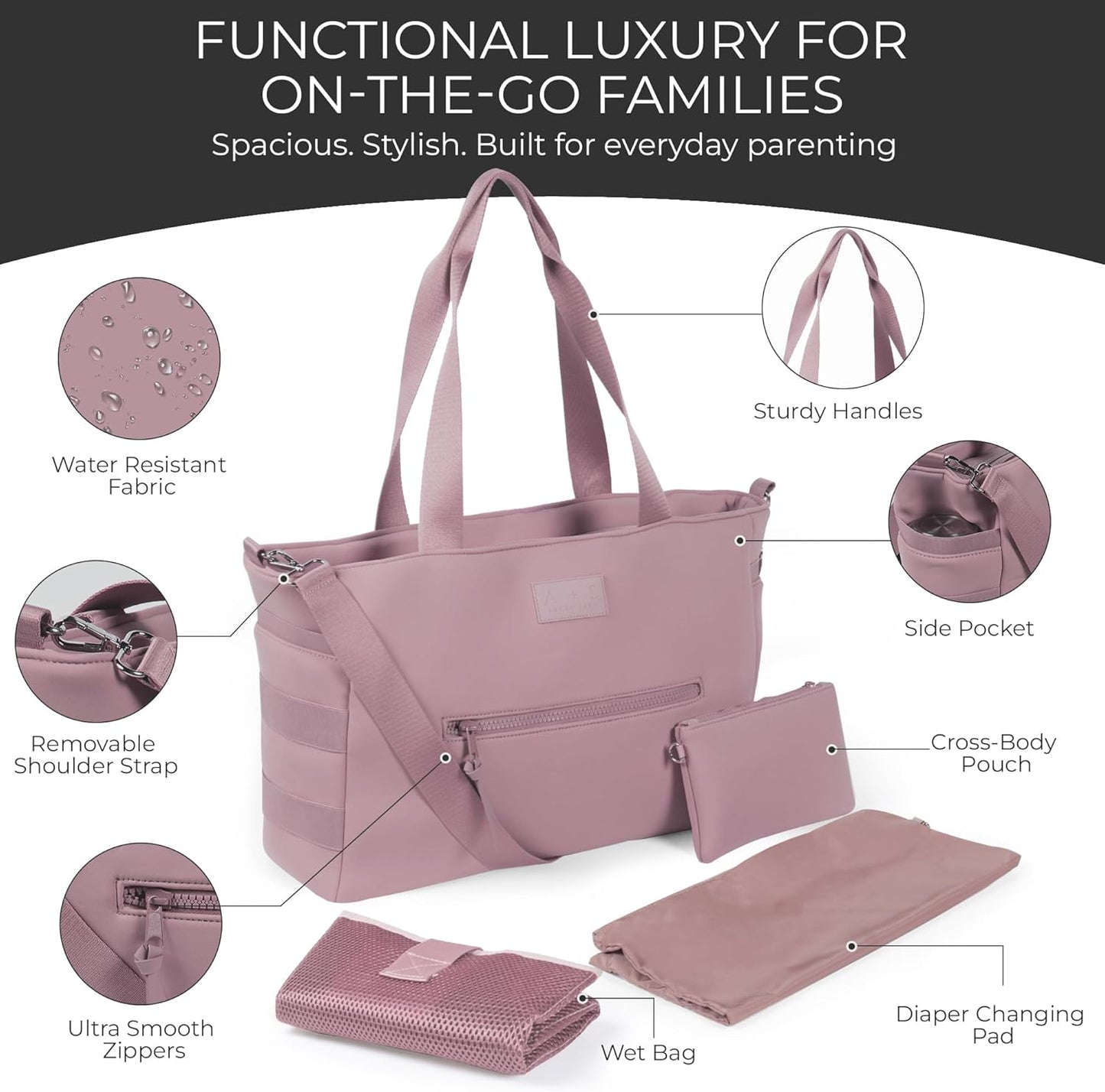 A + S Luxxe Diaper Bag Tote – Stylish, Large Baby Bag with Stroller Straps, Insulated Pockets, Changing Mat & Waterproof