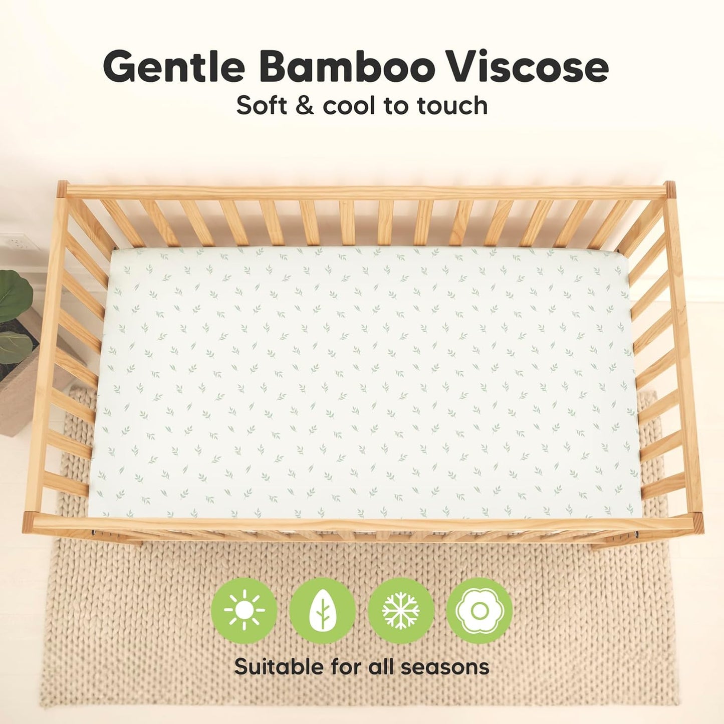 2-Pack Waterproof Baby Crib Sheets for Boys, Girls - 52x28 Viscose Derived from Bamboo Toddler Bed Sheet Neutral, Fitted Crib Mattress Protector Cover for Baby Bedding, Soft & Gentle (Herb)