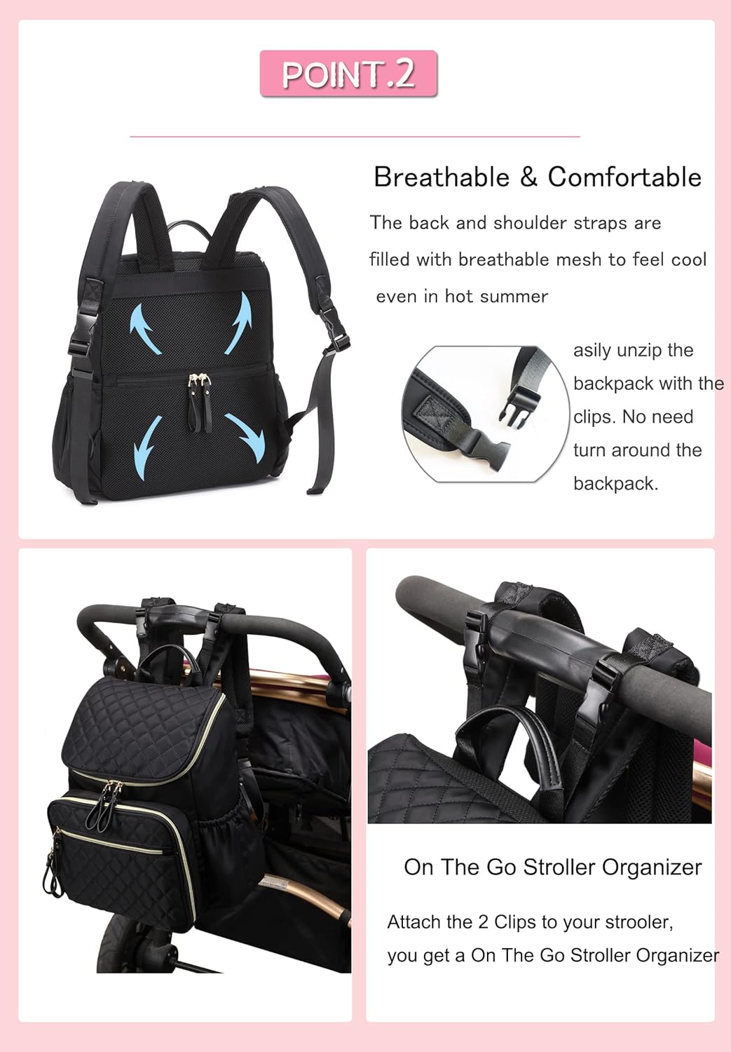 Large Capacity Diaper Bag Backpack with Stroller Buckle, Water-Resistant Travel Baby Bag with Insulated Pockets (Classic, Pink)