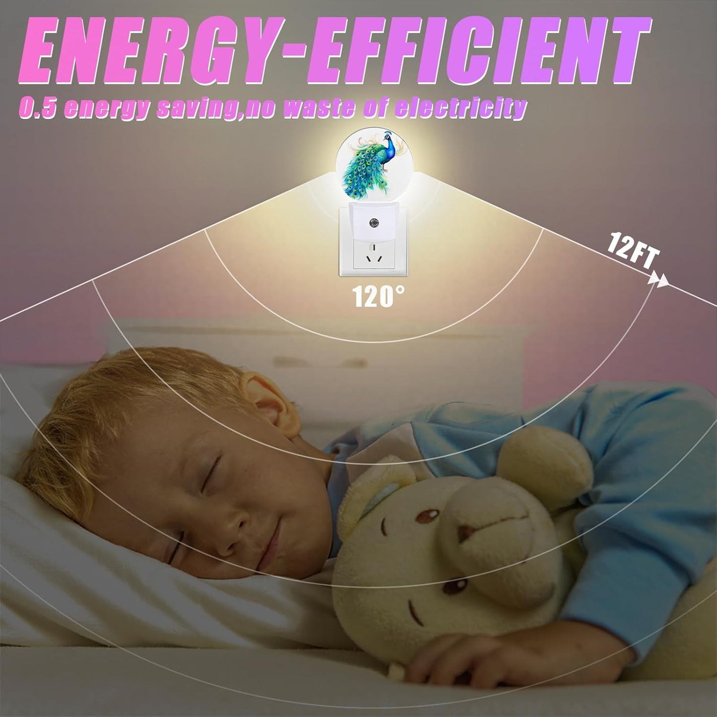 Watercolor Peacock Night Light Feather Night Lights LED Lamp Round Plug into Wall Nightlight with Dusk to Dawn Sensor Home Hallway Stairway Kitchen Decor