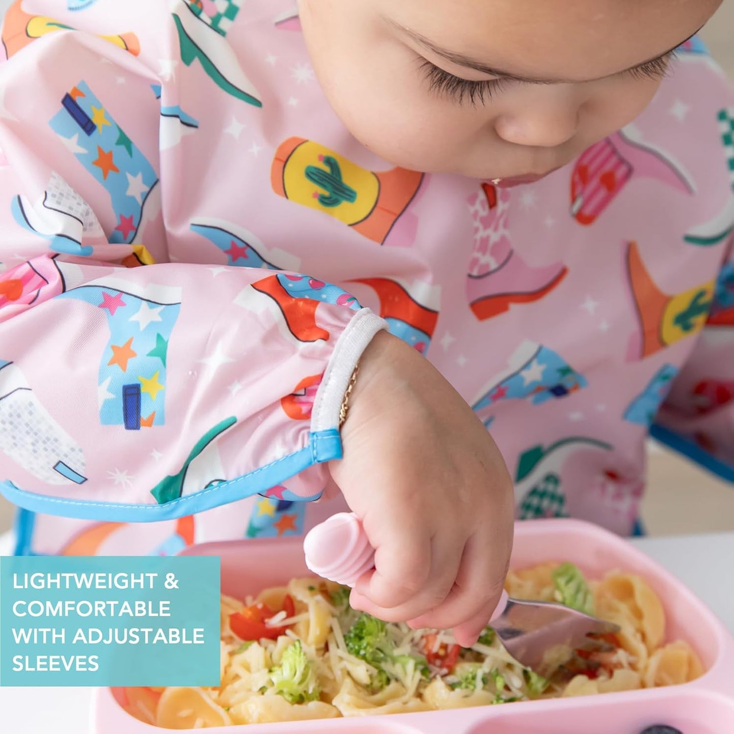 Bumkins Sleeved Baby Bib – Long Sleeve Waterproof Fabric Feeding Smock with Crumb Catcher Pocket, Adjustable Toddler Apron for Baby Led Weaning, Comfortable for Ages 6–24 Months, Cowgirl Boots 2-pack