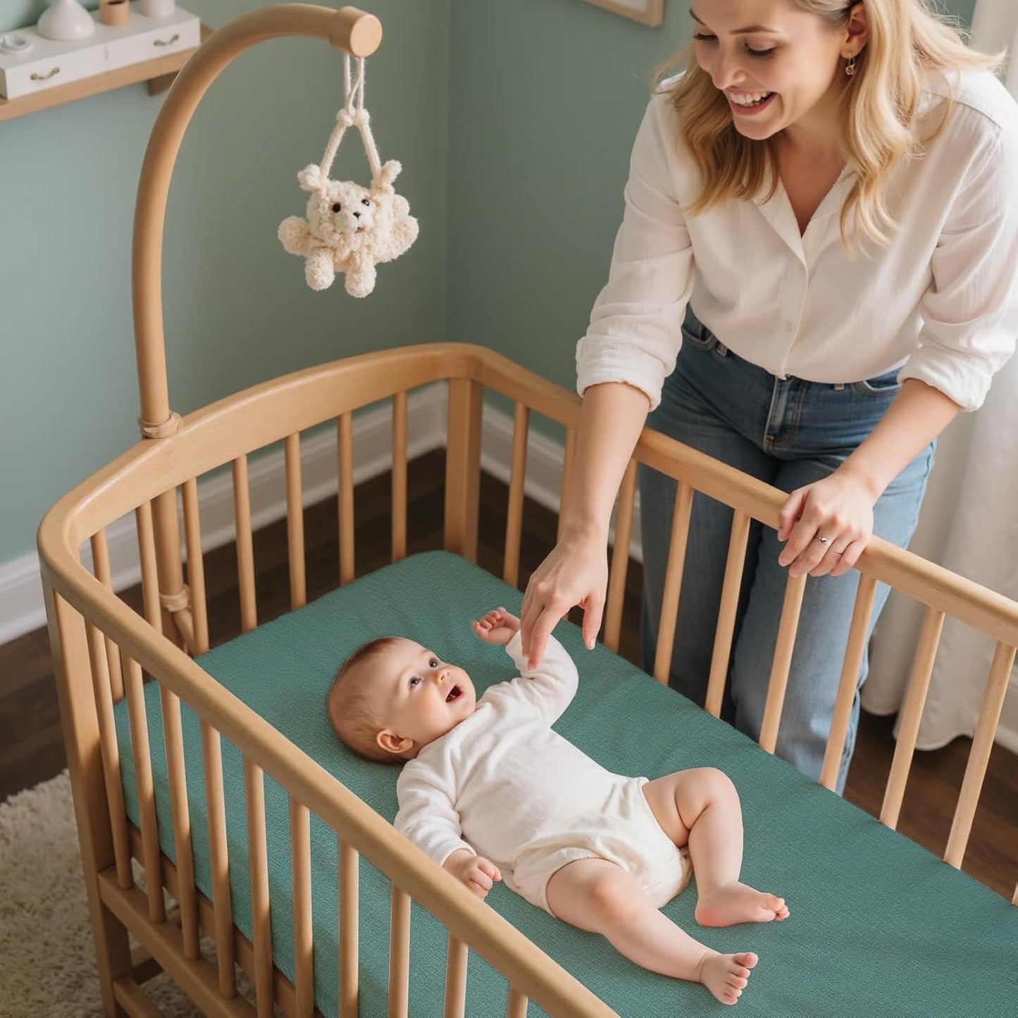 Baby Bassinet Sheets TPU Waterproof 2 Pack Soft Muslin Bedside Bassinet Mattress Sheets with Bottom Elastic Band for Baby Boy Girls Unisex Fit Hourglass Oval and Rectangle, Green Ivory