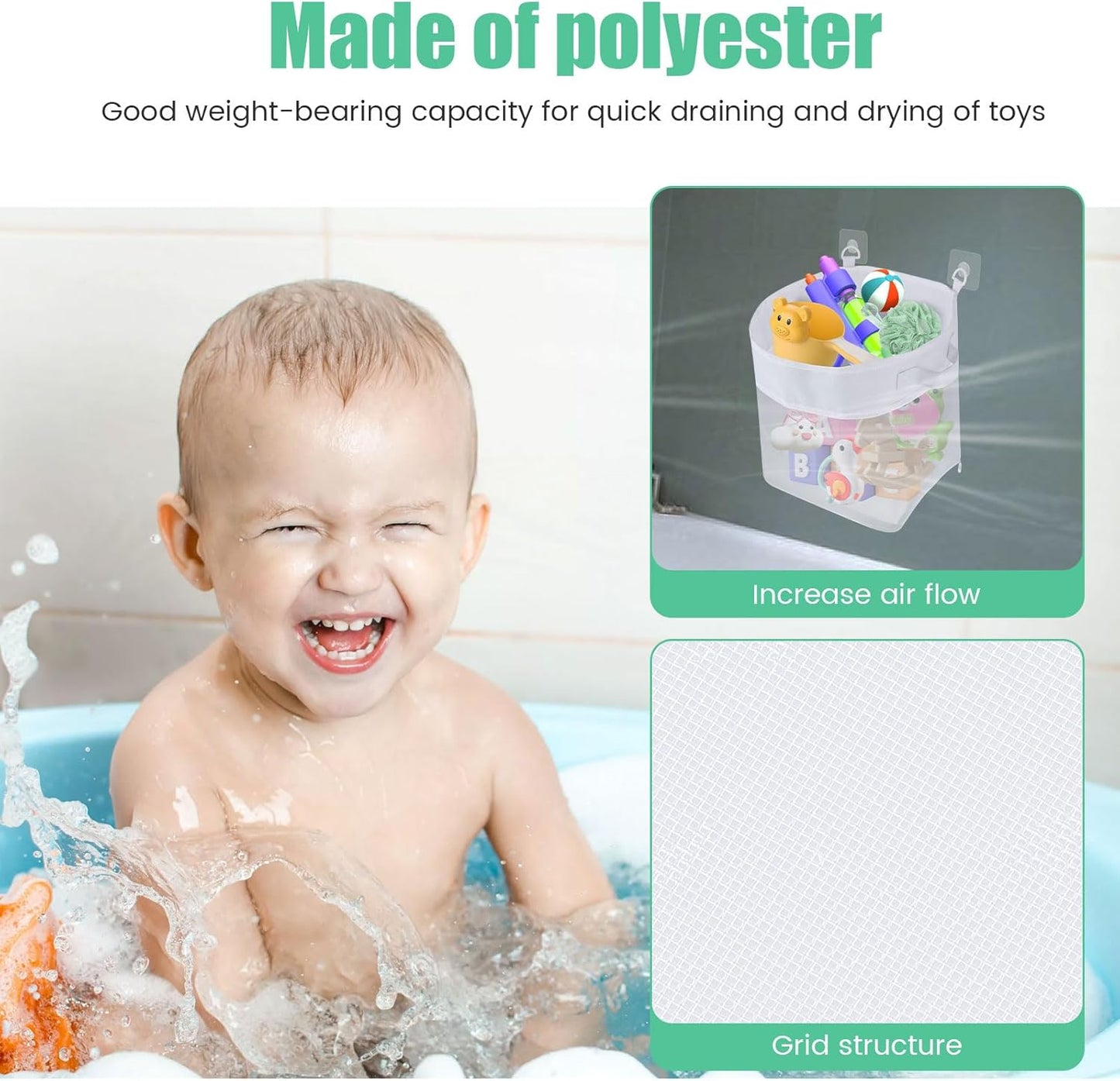 4Pcs Bath Toy Organizer with 8 Hooks Large Capacity Bathtub Toy Storage Organizer with Handles and Bottom Zippers for Storage and Classification