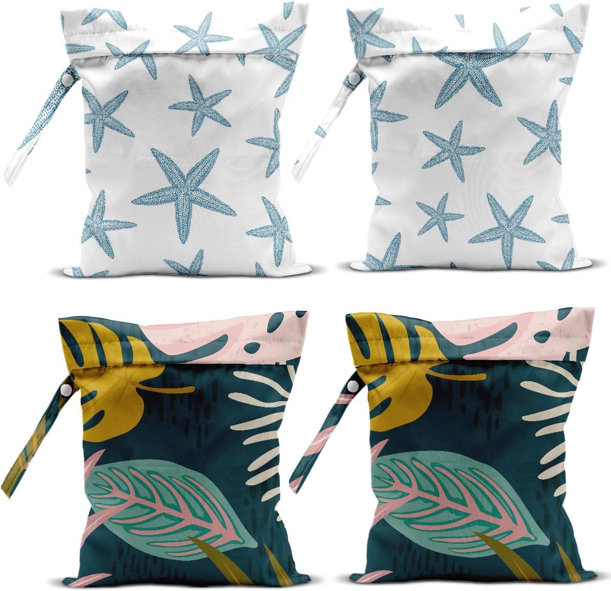 4 Pack Wet Bag for Swimsuit, Beach Travel Essentials Wet Dry Bag, for Sunscreen Toiletry Dirty Clothes Yoga Gym Diaper, Friend Summer Beach Vacation Gifts. Starfish, Palm leaves