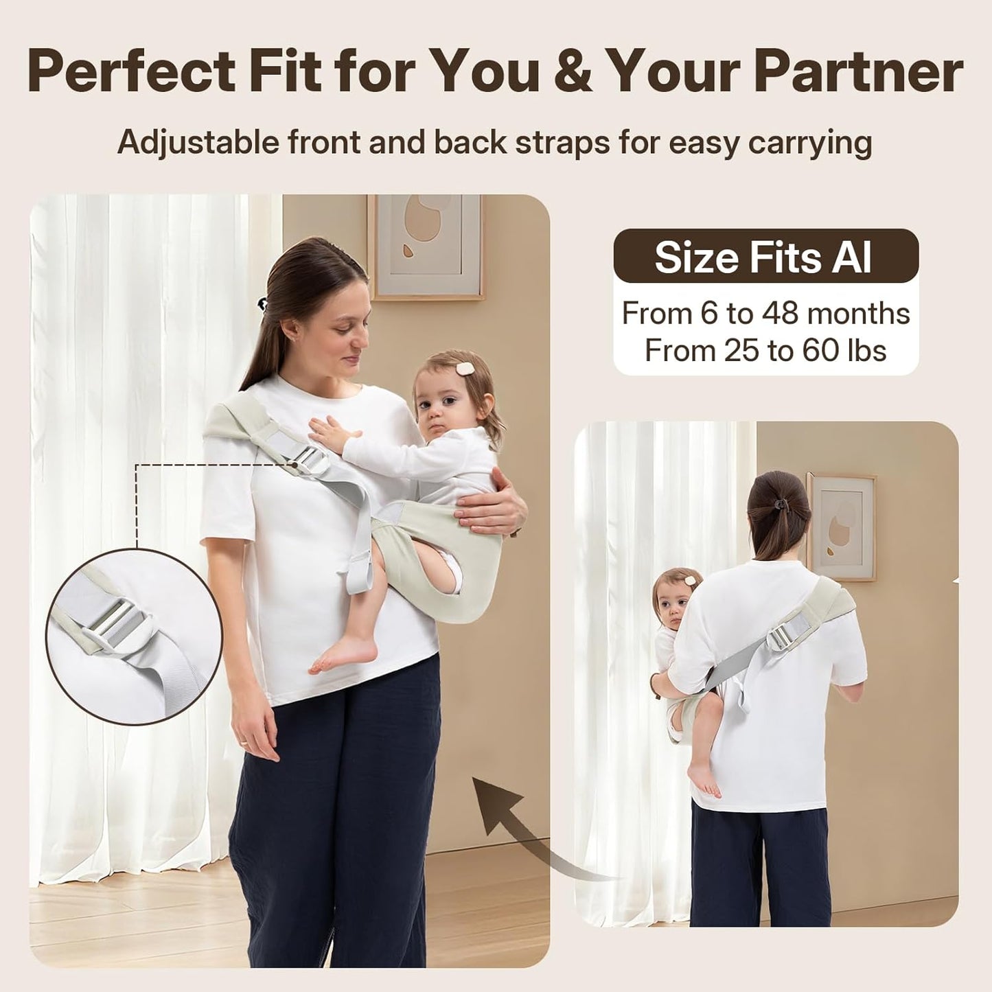 Toddler Carrier for 25-60 lbs,Comfortable&Lightweight Baby Sling Carrier,Adjustable with Left/Right Shoulder Straps,One Size Fits All,Ideal for Shopping and Travel-Khaki