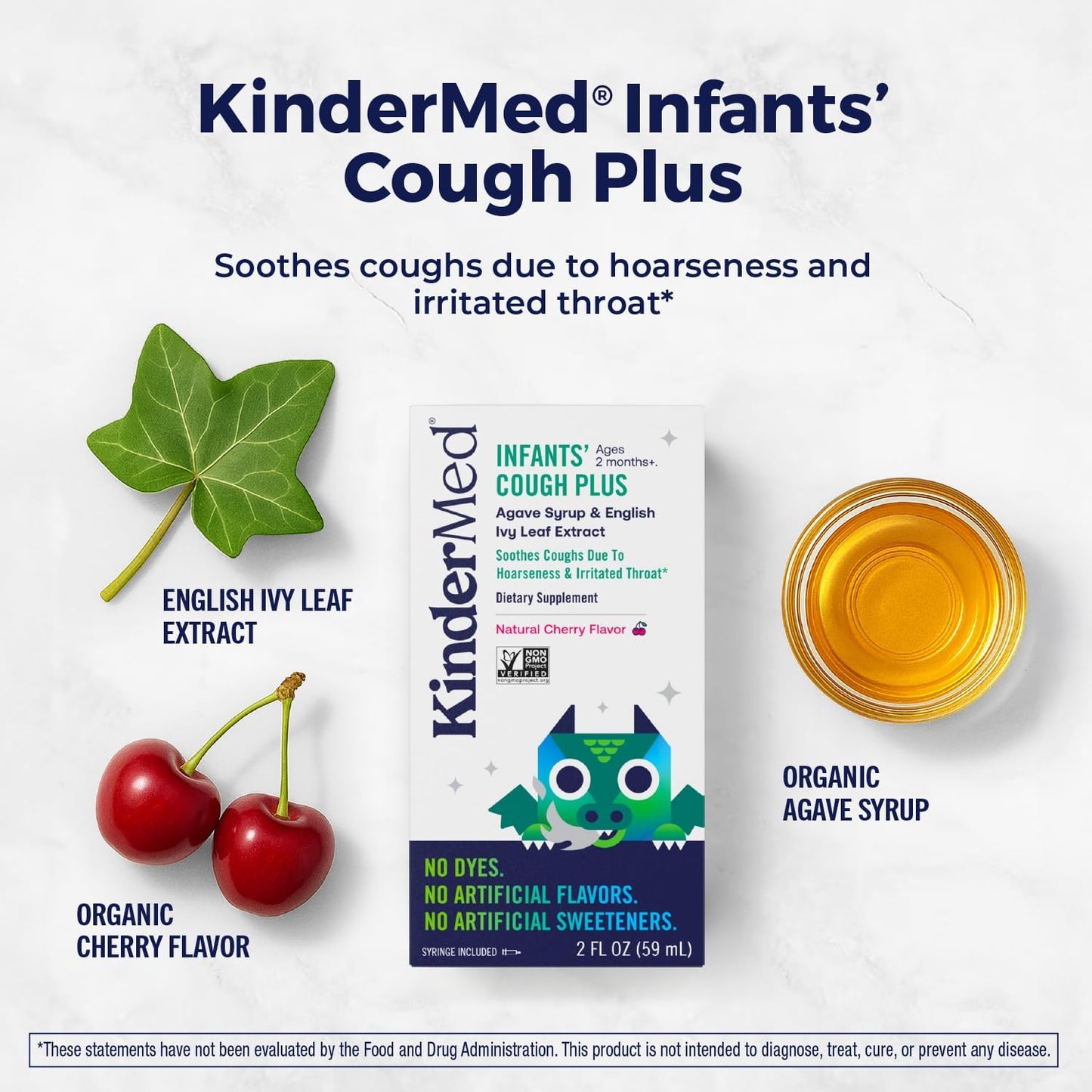 KinderMed Infants' Daytime Cough Plus, Organic Agave Syrup and English Ivy Leaf Extract, No Dyes, No Artificial Flavors or Sweeteners, Non-GMO, for Babies 2 Months+, Natural Cherry Flavor (2 Fl Oz)