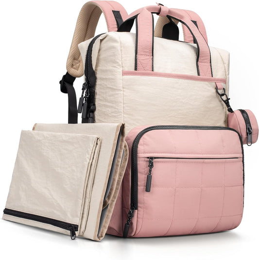 VONAL Diaper Bag Backpack, Lightweight Baby Diaper Bags, Travel Large Diaper Bag with Changing Station, Pink Diaper Backpack for Boys Girls Newborn with Insulated Pockets, Stroller Straps