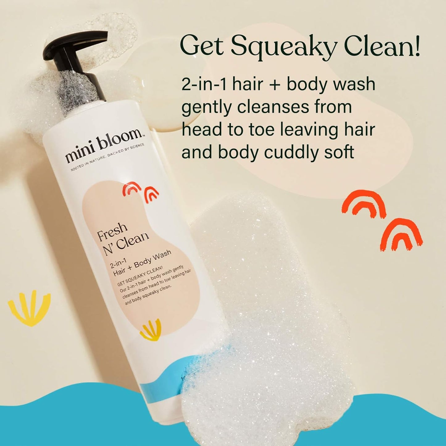 Mini Bloom Fresh N’ Clean 2-in-1 Hair + Body Wash | Shampoo Sulfate-Free | Baby & Kid Safe | Gently Cleanses Head to Toe w/Aloe leaf, Chamomile extract, Lavender & Botanicals 16.6 oz