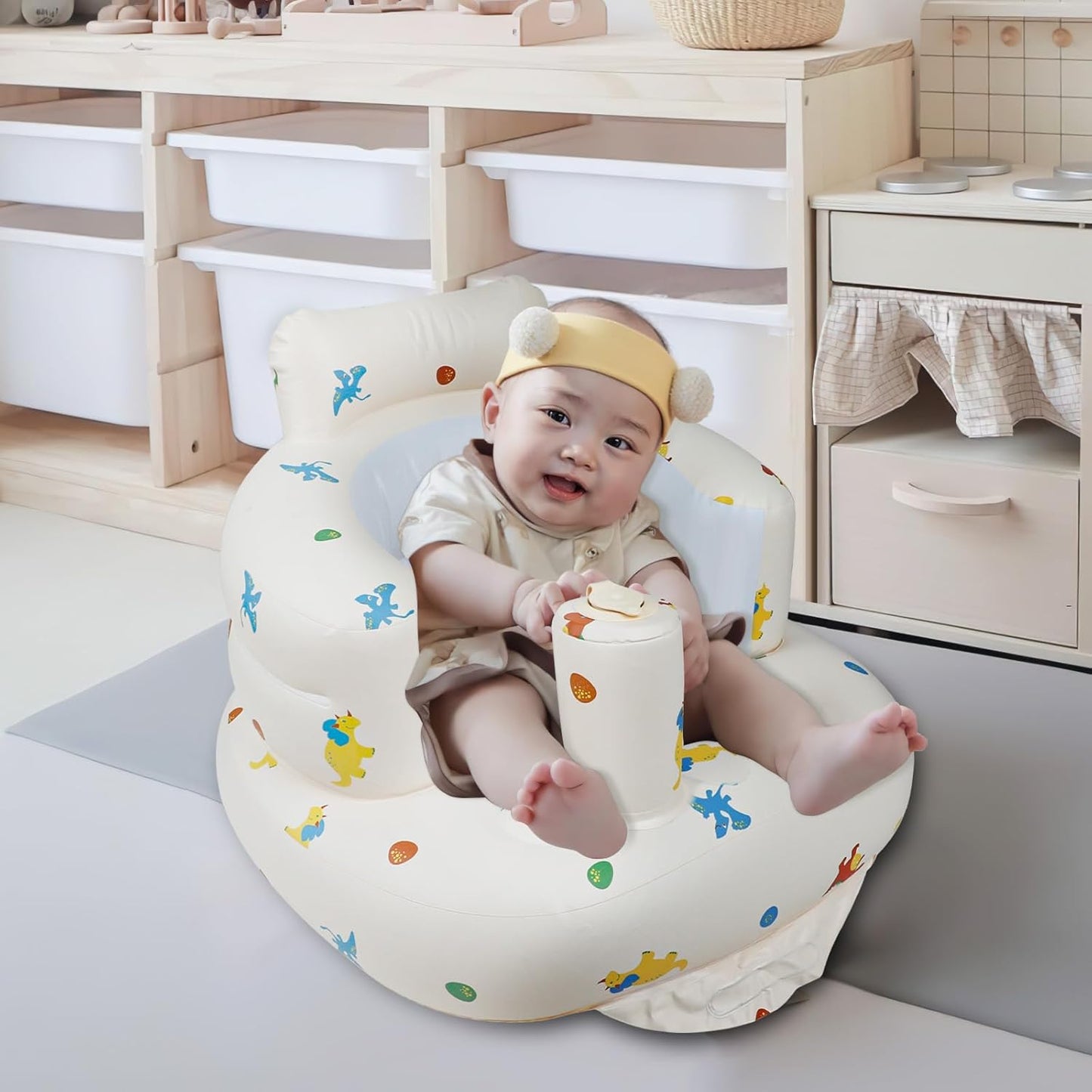 Inflatable Baby Chair with Built in Pump for Babies 3 Months & Up, Baby Floor Seats for Sitting Up, Blow Up Baby Seats for Infants - Dinosaur