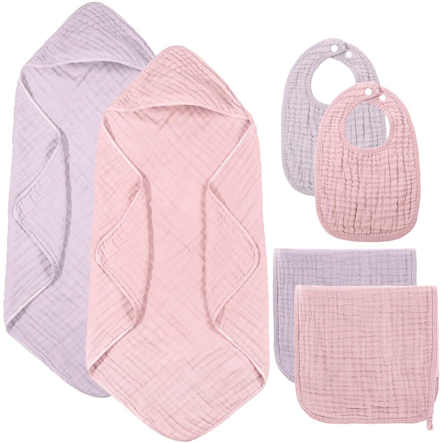6 Pcs Muslin Hooded Bath Towels Washcloths and Bibs Set, Muslin Cotton Baby Towels Absorbent Hooded Blanket Towel Infant Bibs for Boys Girls Newborn Infant Essentials(Pink, Purple)