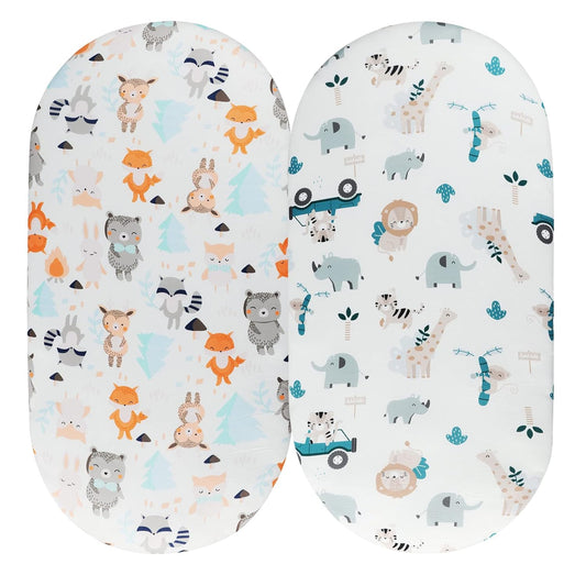 Bassinet Sheet Set 2 Pack Snug Fitted Cradle Fitted Sheets, Stretchy Ultra Soft, for Oval Rectangle Hourglass Bassinet Mattress, Unisex Boy Girl, Tiger Elephant & Fox