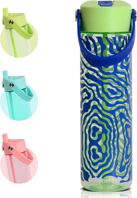 Elemental Splash Water Bottle with Straw - BPA-Free Tritan Plastic Reusable Water Bottle with Strap - Ideal for Travel, Gym and Sports - Leak Proof when Spout is Closed - 26oz - Aqua Waves