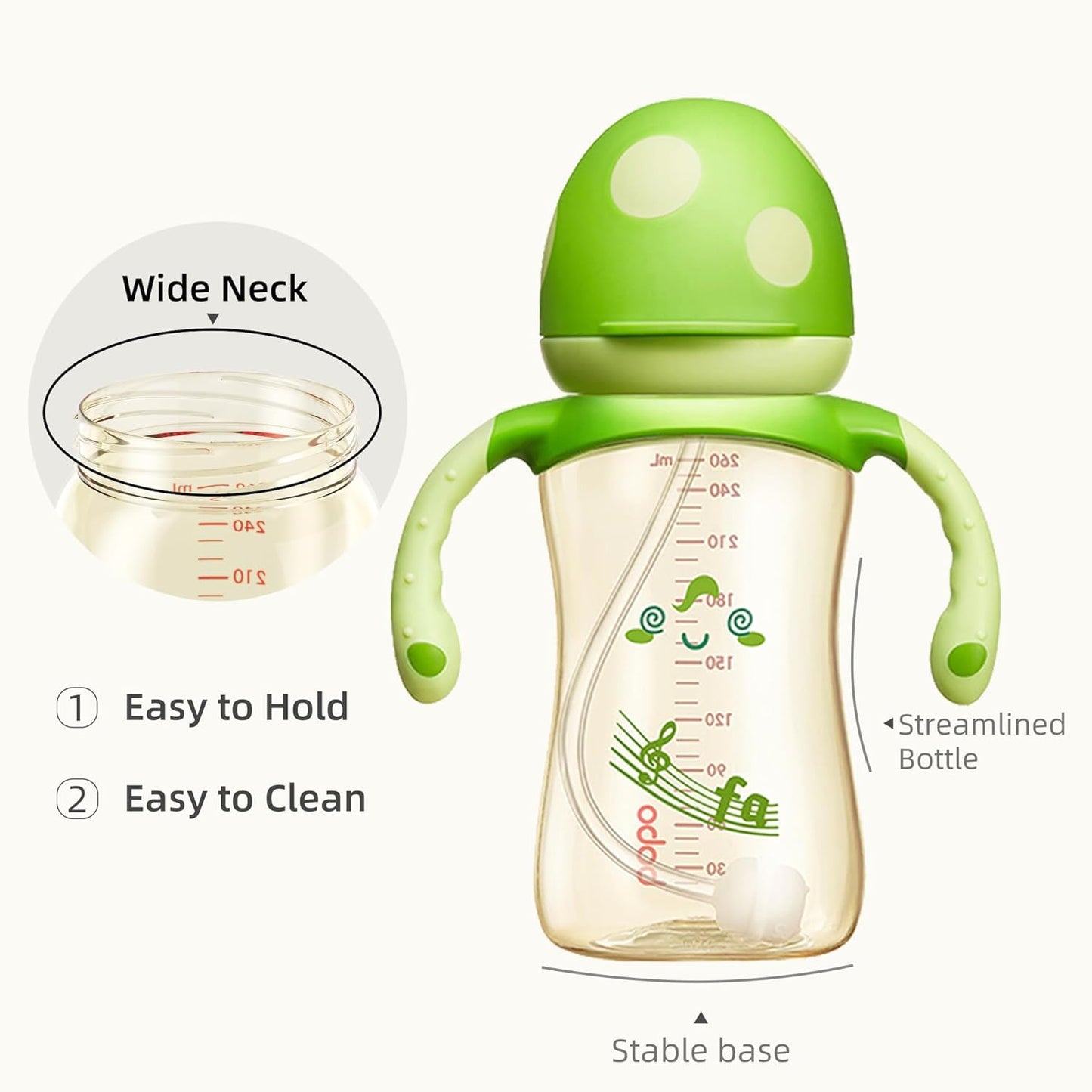 YOHKOH Natural PPSU Baby Bottle with Natural Response Nipple, Newborn Anti-Colic Baby Bottles with Handle, Wide Neck Mushroom Cap Baby Bottle (8.8oz (Pack of 4), Green1)