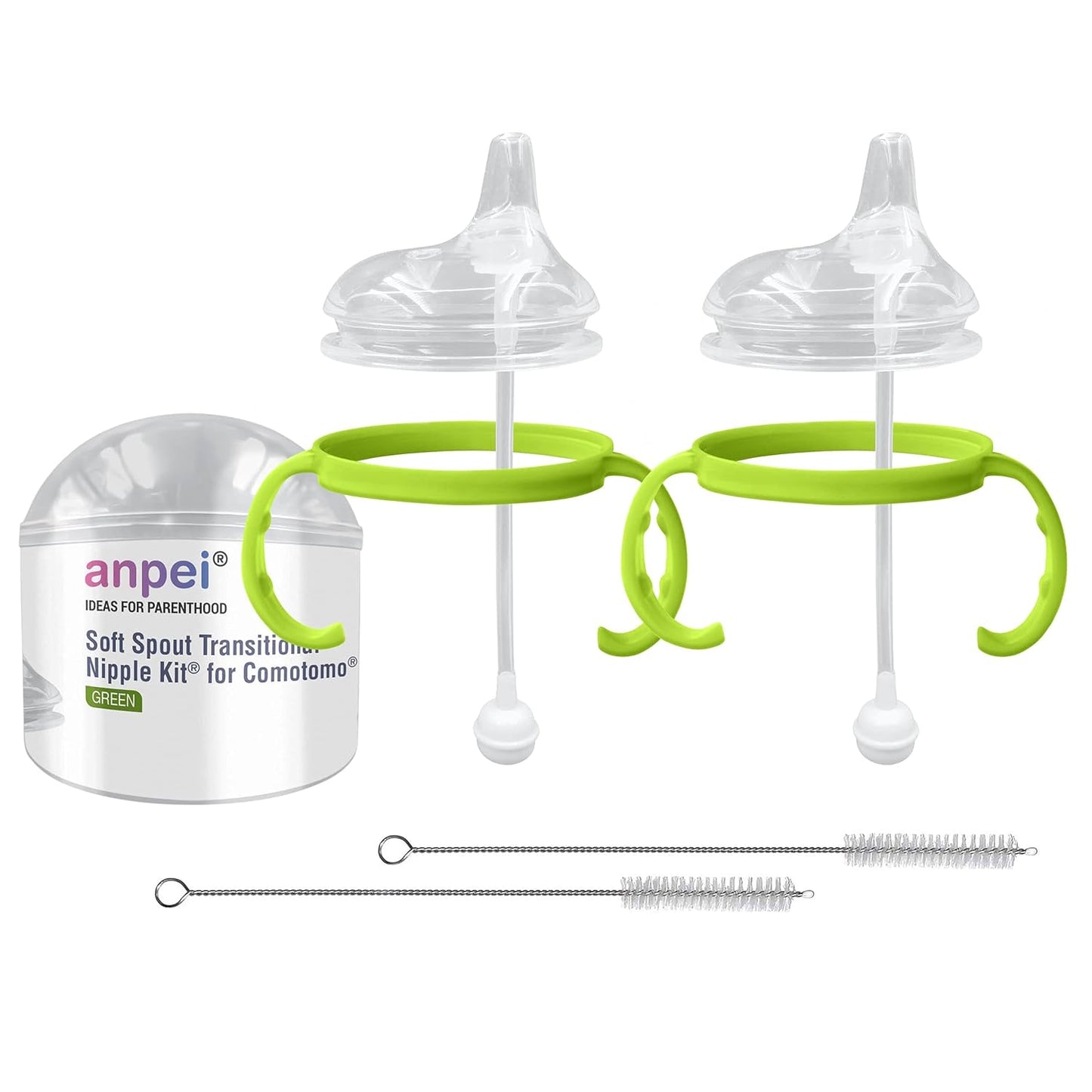 Sippy Cup Soft Spout Transitional Nipple Kit Bundle Compatible with Comotomo Baby Bottles, 5 oz and 8 oz | Value Bundle 2 Kits + Brushes (Green)