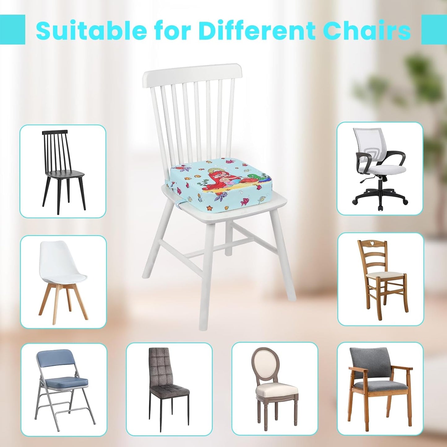 Toddler Booster Seat for Dining Table, Kids Booster Seat for Kitchen Chair with Non-Slip Bottom, Portable Detachable Washable Increasing Cushion with 2 Adjustable Straps (Mermaid)