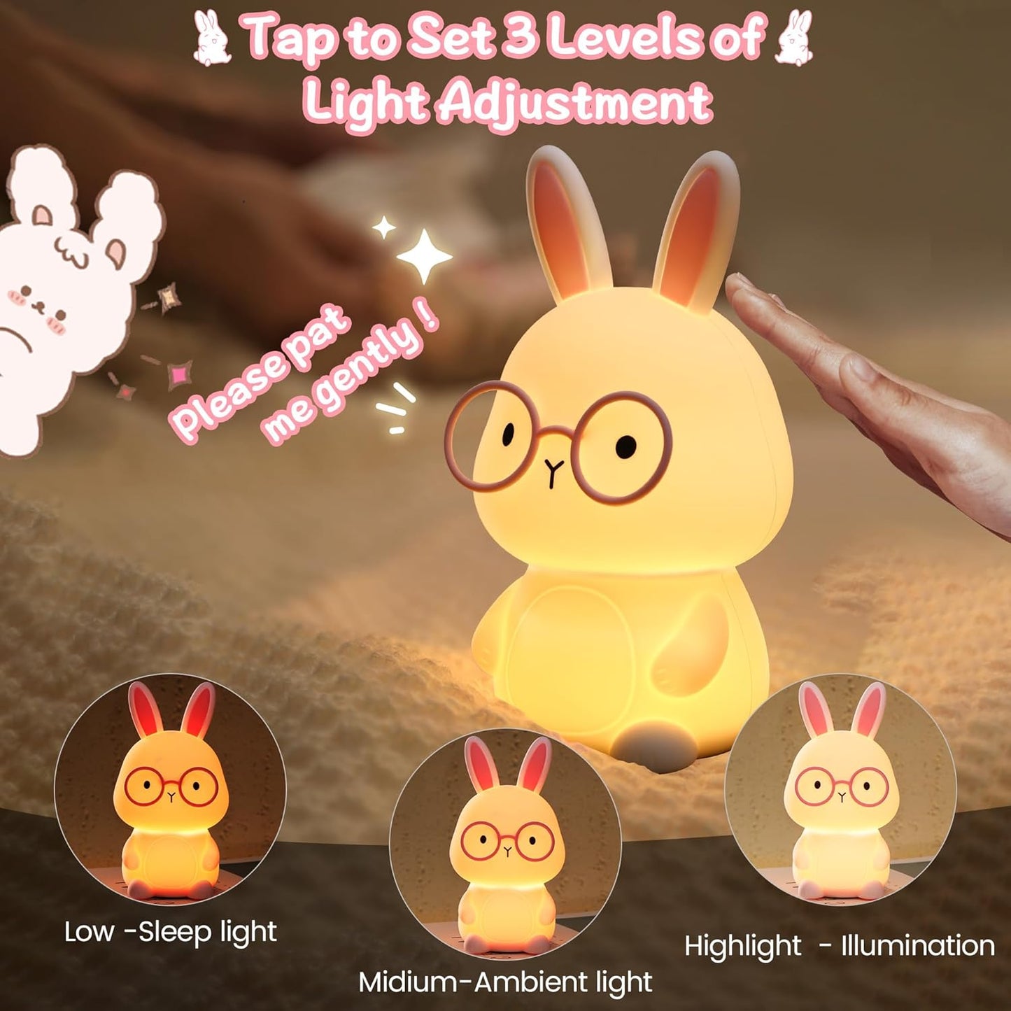 Bunny Night Light for Kids, Soft Silicone Nursery Lamp, 7-Color Glow, 3-Level Dimmable Warm Light, Tap Control, 30Min Timer, Rechargeable, BPA-Free, Easter & Birthday Gift, Baby Room Decor, Pink