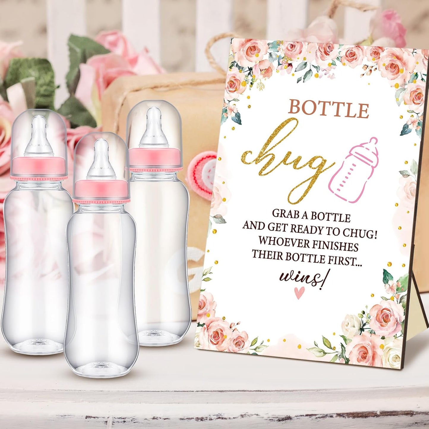 TrelaCo Floral Cool Baby Shower Games Bottle Chug Sign Wooden Floral Gift Sets Gender Reveal Party Favors and 12 Pcs Baby Bottle Shower Favor for Games Gender Reveal