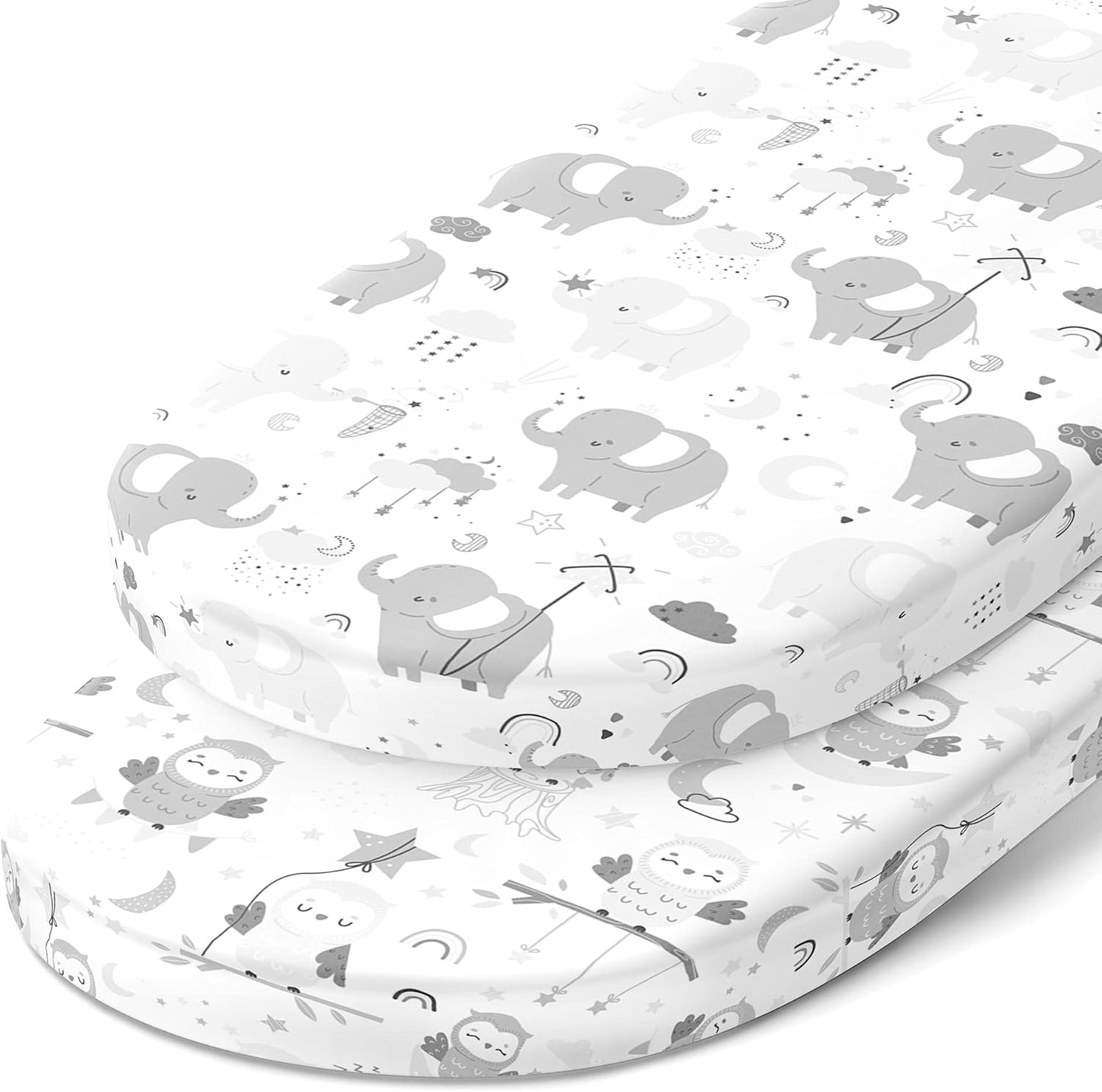 Bassinet Fitted Sheets Compatible with SNOO Happiest Baby Oval Bassinet – Snuggly Soft 100% Jersey Cotton – Owls and Elephants – 2 Pack