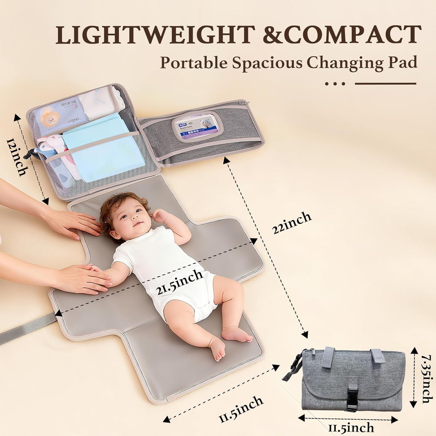 Baby Portable Diaper Changing Pad - Baby Diaper Changer Travel Bag with Wipes Pocket, Smart Design Portable Changing Mat,Gift for Newborn Girl & Boy，Gray.