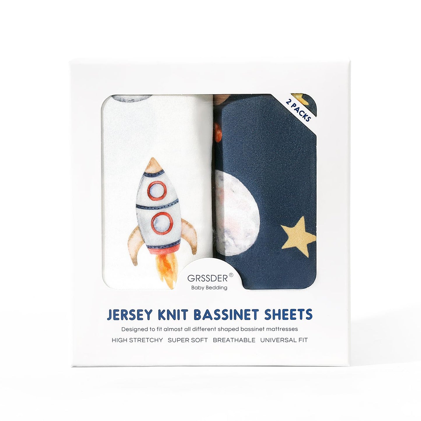 Stretchy Ultra Soft Fitted Bassinet Sheet Set 2 Pack, Universal Fit for Bassinets Baby Cradle Moses Basket Oval Rectangle Mattress Safe and Snug, Space Stylish Print