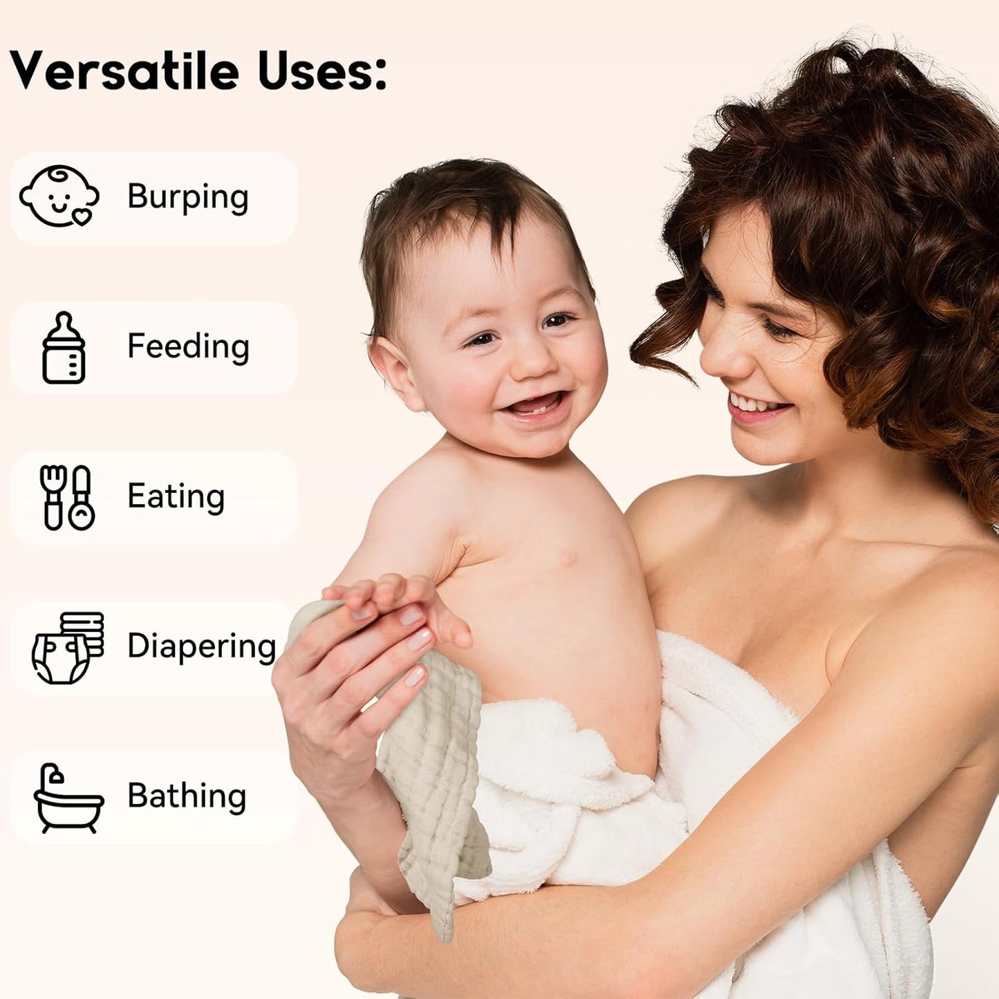 Muslin Baby Washcloths 6 Pack, 100% Cotton Wash Cloths for Babies, Large 12''X12'' Burp Cloths Absorbent and Soft for Newborn Infants Kids Boys Girls - Apricot