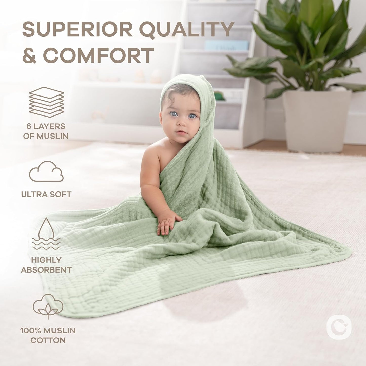 Comfy Cubs Hooded Baby Towel 2-Pack, Large 32 x 32 Inch - 6 Layer 100% Muslin Cotton for Babies, Toddlers and Kids - Soft & Absorbent Baby Bath Towels - Unisex Design for Bath Time - Sage