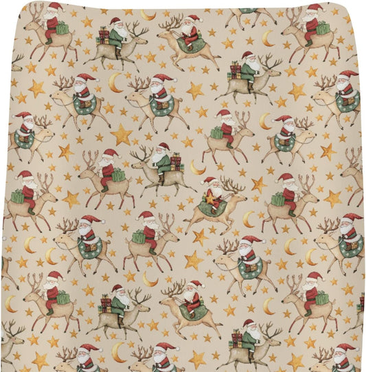 Cute Christmas Santa Claus Reindeer Baby Changing Pad Covers for Boy Girl Vintage Santa Gifts Stars Moon Fitted Changing Table Mats Winter Holiday Festive Soft Diaper Change Table Sheets 32''×16''