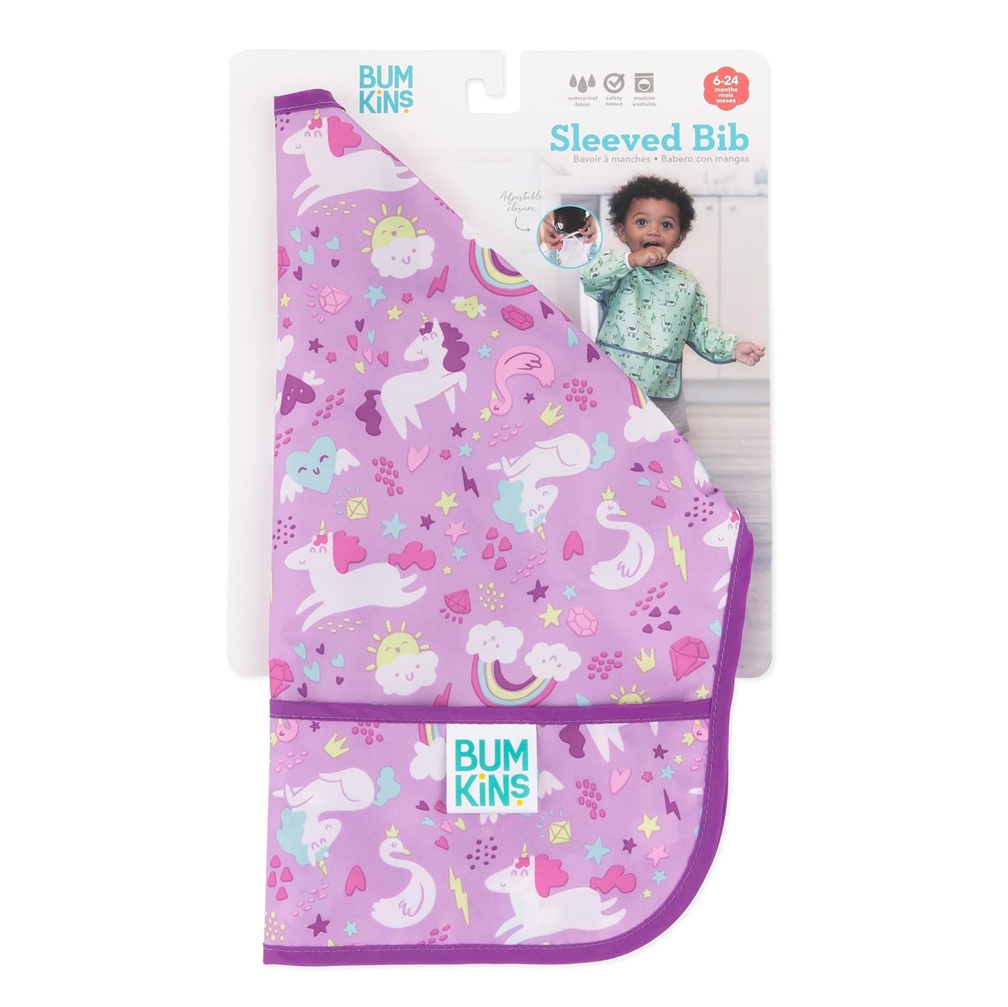 Bumkins Sleeved Bib for Girl or Boy, Baby and Toddler for 6-24 Mos Essential Must Have for Eating, Feeding, Baby-Led Weaning Supplies, Long Sleeve Mess Saving Food Catcher, Soft Fabric, Unicorn Purple
