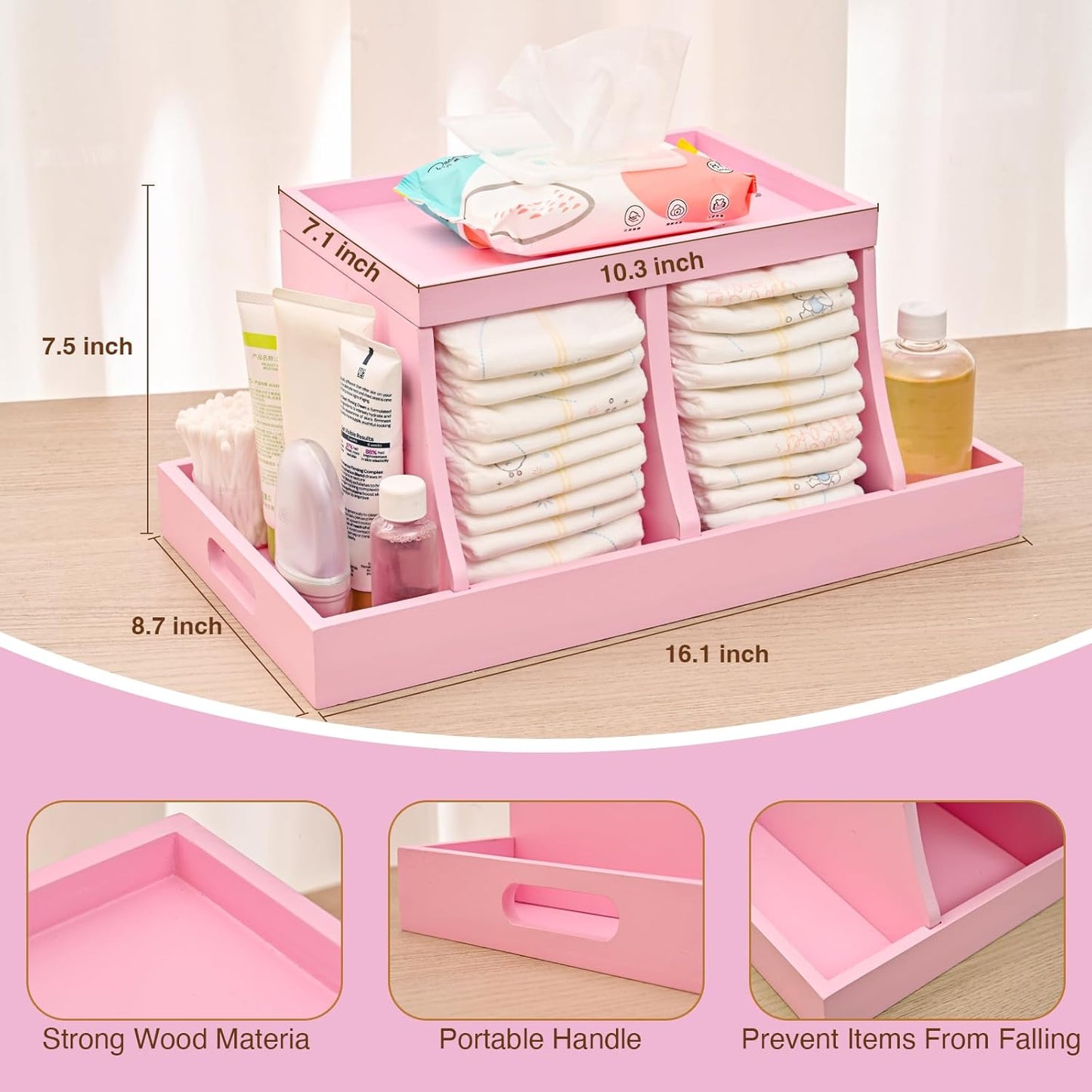 Three colors Diaper Organizer, Wooden Diaper Caddy Organizer, Changing Table Organizer, Diaper Storage Organizer, Nursery Baby Organization Pink