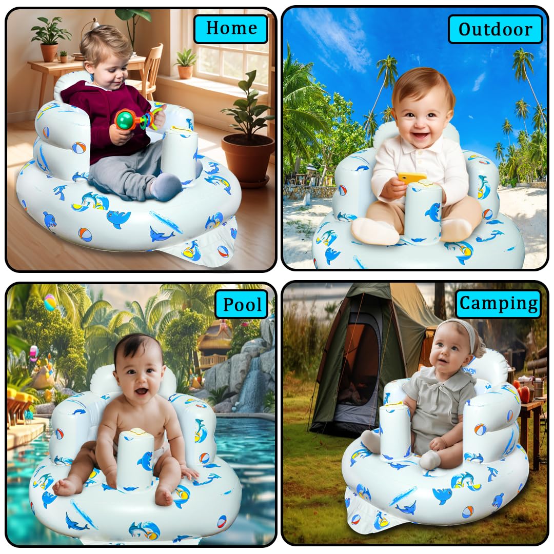 Inflatable Baby Seat for Babies 3-36 Months Blow Up Chair for Babies Infants Toddler Floor Sitting Up with Built in Air Pump (White, Dolphin)